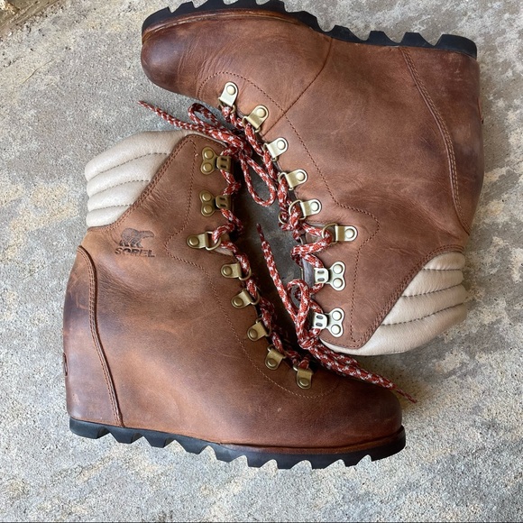 Sorel Boots Conquest Wedge Booties Brown Leather Lace Up Womens 8 - Picture 8 of 15